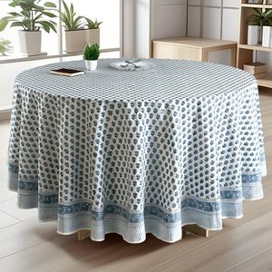 CPC Round Tablecloth- Cotton Indian Block Print Tablecloth -Handmade Printed Washable Cotton Table Cloth - Thanksgiving, Christmas Table Cover - Apatite Blue 132 Inches