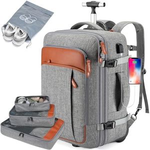 Rolling Backpack for Women Men,Travel Backpack with Wheels, Carry on Backpack with 4 Packing Cubes,17.3 Inch Wheeled Laptop Backpack for Travel Work Business (A-Grey with 4 packing cubes)