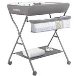 Baby Changing Table with Wheels, Maydolly Portable Adjustable Height Folding Diaper Station with Nursery Organizer & Storage Rack for Newborn Baby and Infant, Grey Pattern