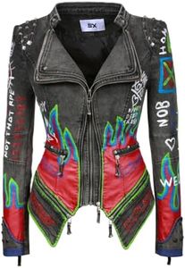 Fashionable SX women's punk flower embroidered short synthetic leather jacket hand-painted motorcycle denim jacket(Gray01-2XL)