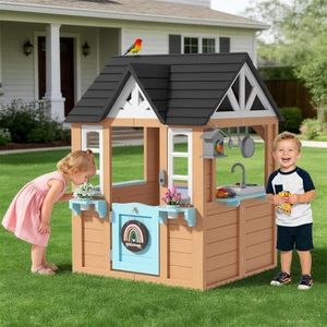 BIERUM Outdoor Playhouse for Kids - Wooden Kid Play House with Play Kitchen, Birdhouse, Flowerpot Holders and Mud Molds, Premium Wood Kids Cottage for Ages 3-8, Backyard Pretend Play, Blue & Brown