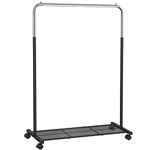 SONGMICS Clothes Rack with Wheels, 35.8 Inch Garment Rack, Clothing Rack for Hanging Clothes, with Dense Mesh Storage Shelf, 110 lb Load Capacity, 2 Brakes, Steel Frame, Black and Chrome UHSR025E01