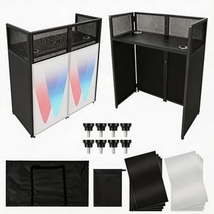 Portable Dj Facade Booth with White & Black Lighting Scrim,42"L X 21"W Dj Stand Booth,Foldable Dj Table Station with Adjustable Dj Event Facade Feet for Party, Black Metal Frame