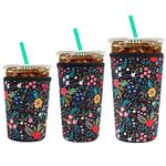 YR Reusable Neoprene Insulator Sleeve for Iced Coffee Cups, 3 Pack Coffee Coolies sleeves for Iced & Hot Drinks, Cold Beverage Cooler Compatible with Starbucks Dunkin Coffee and More (Little Flower)