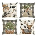 Ninonly Christmas Pillow Covers 18x18, Set of 4 Cotton Linen Vintage Snowman Deer Christmas Tree Throw Pillow Case Cushion Cover Decorations for Sofa Couch