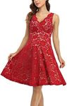 MISS MOLY Lace Dresses for Women Overlay Fit and Flare Dress V Neck Elegant Wedding Dress Skater Party Dresses Red M