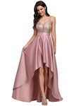 Ever-Pretty Women's V Neck Elegant A Line Hi-Low Empire Waist Satin Skirt Long Evening Gowns Dresses with Sequin Orchid 18UK