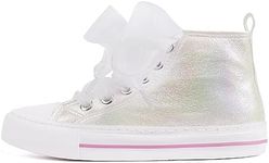 HugRain Kids Girls Sneakers Walking Shoes Bowknot Pearl Ribbon Lace Up Adorable Sparkle Glimmer Glitter Lightweight High Top Classic Non-Slip Outdoor White Size 1