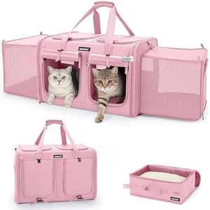 MIDOG 2 Cat Carrier with Litter Box, Expandable Dual Compartment Cat Carrier for 2 Cats, Large Soft Sided Double Pet Carrier for Car Travel, Moving