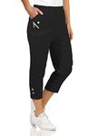 URBAN STITCH Womens Capri Trousers Ladies Three Quarter Soft 3/4 Cropped Pants UK Ladies Stretch Pull on Trousers Elasticated Waist Plus Size Summer Shorts (16, Black)