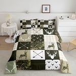 Camo Deer Antlers Kids Comforter Set Twin Size,Animal Arrow Silhouette Bedding Set,Girls Boys Adults Bedroom/Xmas Decor,Lattice Patchwork Down Comforter,Boho Army Green Duvet Insert,2pcs,1 Pillowcase