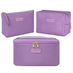 MAANGE Makeup Bag Waterproof Travel Cosmetic Bag PU Leather Cosmetic Pouch Portable Makeup Organizer Bag Large Capacity Toiletry Bag Multifunctional Storage Make Up Bag for Women (Purple, 3Pcs)