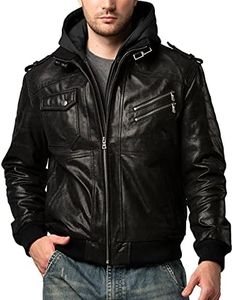 FLAVOR Men Brown Leather Motorcycle Jacket Removable Hood (XX-Large (US Standard), Black)