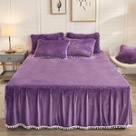 LIFEREVO Luxury Pom Poms Velvet Bed Skirt, 18 Inch Drop Dust Ruffle Bed Skirt Bedspread, Soft Cozy Quilted Fitted Bed Sheet with Skirt, Wrap Around Bed Skirt, Fringe Decor Bedding(Full/Queen, Purple)