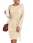 HOTOUCH Jumper Dresses Women Elegant Winter Knitted Dresses Ladies Sweater Round Neck Long Sleeve Bodycon Dress Midi Beige XL