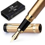 Wordsworth & Black Primori Fountain Pen Set [Stunning Gold]; Medium Nib, Gift Case, 24 Ink Cartridges, Refill Converter, Manual; Journaling, Calligraphy, Smooth Writing Pens; Left and Right Handed