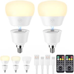 SCOPOW 2 Packs E12 Rechargeable Light Bulb with Remote Control Timer and 3 Color Temperature Magnetic and USB Charging 2IN1 Battery Operated Light Bulb Dimmer Emergency LED Light Bulbs