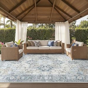 GENIMO Outdoor & Indoor Area Rug 10'x14', Waterproof, Non-Shedding, Easy Cleaning, Boho Mat for Patio, Living Room, Balcony, Dining Room, RV, Deck, Bedroom, Camping, Outside Carpet,Blue