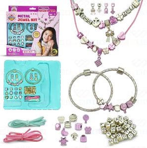Wembley DIY Jewellery Making Set - Bracelet Necklace Beads and Charms Art and Craft Kit for 4 Unique Designs - Jewellery Making Materials Kit - Friendship Band Birthday Gifts for Girls Age 5 6-7 8-10