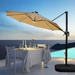 Domi 10FT Cantilever Patio Umbrella Solar Powered LED Round Deluxe Offset Umbrella, Aluminum Hanging Umbrella with 360°Rotation, Outdoor Market Umbrella for Outside Deck Backyard Garden Pool, Beige
