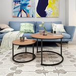 Round Nesting Coffee Table Modern Nesting Side Set of 2 End Table for Living Room Balcony Garden, etc.,Round Wooden Accent Coffee Table with Solid Powder-Coated Metal Frame (Black+Teak)