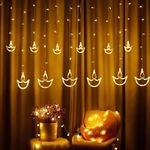 XERGY Warm White Diya/Diwali String Curtain Light, Led String Copper Lights with 12 Pcs Hanging Diyas, 8 Flashing Modes for Home Indoor Outdoor Wedding Decoration, Prong Base, 2.6 Meters