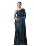 SIRIL Satin Silk Hot Fixing Stone Work Saree for Women With Unstitched Blouse Piece, Teal Blue, One size