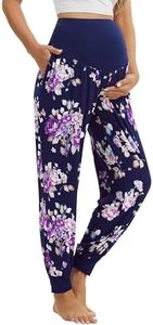 WiWi Women's Viscose from Bamboo Maternity Pants Soft Over The Belly Pregnancy Leggings High Waist Stretchy Bottoms S-XXL, Dark Navy/Purple Floral, Large