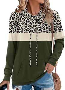 Angerella Leopard Print Hoodies for Women Long Sleeve Cheetah Shirts Color Block Fall Tops Drawstring Pullover Sweatshirt L