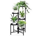 5 Tier Metal Plant Stand for Indoor Outdoor, iDavosic.ly Foldable Corner Tall Plant Shelf for Multiple Plants, Rustproof Flower Pot Holder Display Stand for Living Room Balcony Garden Patio (Black)