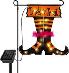 Qunlight Halloween Trick Or Treat Graden Flag lights without flag pole, Double Sided Witch Feet Flag Banner 17.1*17.2Inch ,16 Warm White LED with 8modes Solar Panel, Decorations for Outdoor,Yard ,Home