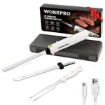 WORKPRO Cordless Electric Knife Set, 8V Electric Bread Knife with 2 Stainless Steel Blades & Fork, Electric Carving Knife for Steak, Ham & Bread, Storage Case Included, White
