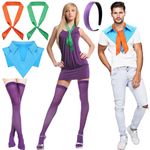 Panitay 5 Pcs Halloween Fred Costume Accessory Set Blue Fake Collar Headband Thigh High Socks Orange Tie Adult Party Cosplay