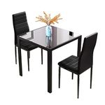 Jooli Glass Table and Chairs Set 2, 75cm Square Table with 2 Faux Leather High Back Chairs Modern Dining Room Sets for Home Kitchen Office, Black