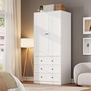 GarveeHome Armoire Wardrobe Closet with Drawers, 69.5 in Wooden Wardrobe Cabinet with Hanging Rod, 2 Doors Clothing Storage Cabinet for Bedroom, Large Capacity Storage, Louvered Door, White