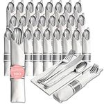 25 Pre Rolled Silver Plastic Silverware - 100pc Set, Service for 25 - Wrapped Disposable Silverware Set with Forks, Knives, Spoons, White Napkins - Fancy Decorative Flatware for Dinner, Party, Wedding
