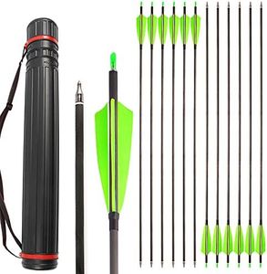 ZSHJGJR 34” Archery Carbon Arrows Hunting Arrows with 4” Turkey Feathers Targeting Practice Arrows Spine 400 for Compound & Recurve & Traditional Bow 6/12pcs (12 x Green Arrows + 1 x Arrow Quiver)