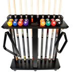 ISZY Billiards Pool Stick Rack - Cue Rack Only - Wood Floor Stand Holds 10 Pool Sticks and a Full Set of Balls - Billiards Accessories – Black