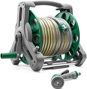 Garden Hose Reel 25M (ø 15 mm), 2-in-1 as Free Standing or Wall Mounted Garden Hose, Complete with Hose Guide, Nozzle and Fittings, Robust Frame for Stability, Compact Hose Reel Flexibility Use