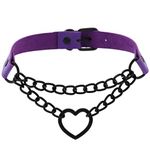 Joji Boutique Purple-on-Black Heart, Chain & Pleather Choker/Collar Necklace [Punk, E-Girl] [fits up to 17" neck], Metal, artificial/none