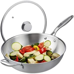 Relaxdays Sartén Wok, 32 cm Ø, Acero Inoxidable Sin Recubrimiento, Tapa de Cristal, Inducción, Gas y Eléctrica, Plateado