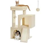 PAWZ Road Cat Tree, 30 Inches Cat Tower with Dual Condos for Indoor Cats, All-in-One Cat House with Padded Perch, Scratching Ramp and Posts and Replaceable Balls-Beige