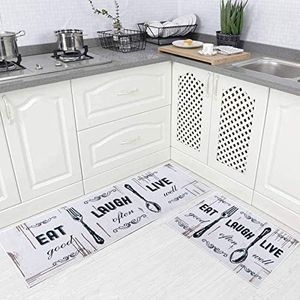 Carvapet 2 Piece Kitchen Rug Set Non-Slip Mats for Kitchen, Laundry or Entryway — Motto Design Blush White, 17"x48" Runner + 17"x24" Mat