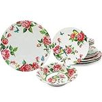 LEHAHA 12 Pcs Melamine Dinnerware Sets, Rose Flower Plates and Bowls Sets, Set of 4 Spring Floral Dishes Dinnerware Set, Great For Valentine's Day,Christmas, Mother's Day and Daily Use, Red Rose