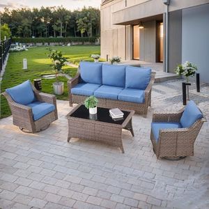 Outdoor Patio Furniture Set-All-Weather Rattan Wicker Couch with Outdoor Swivel Chair Patio Conversation Sets for Porch Garden Backyard Poolside-Brown/Blue