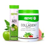 OZiva Vegan Collagen (Guava Glow) with Biotin & Vitamin C For Brighter & Youthful Skin 200g and OZiva ACV Moringa For Weight Loss | 3-in-1 Fat Oxidation Formula, 15 Tablets (Green Apple)