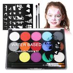 URAQT Face Paint Kit, 15 Color Face Painting Palette with 2 Brushes 32 Stencils, Washable Face Paints Safe Body Paint for Adults Kids Halloween Party Carnival, Makeup Paint Non-Toxic to Use