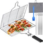Fish Grilling Basket, Folding Portable Stainless Steel BBQ Grill Basket for Fish Vegetables Shrimp with Removable Handle for Fish Vegetables Steak with 8 BBQ fork, Storage Bag and Brush(32x 21.5cm)