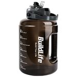 BuildLife Water Bottles with Straw & Flip Cap 2 in 1 Lid - Large Water Bottle with Time Markings BPA Free Leak Proof Wide Mouth Drinks Bottle,2.5 Litre Durable Sports Water Bottle (Black)