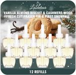 Plug in Air Freshener Refills 12 Pack – Vanilla Almond Biscuit, Cashmere Wood, Fresh Cut Fraser Fir & First Snowfall Scents–Adjustable Fragrance for Rooms & Bathrooms–Compatible with Air Wick & Glade